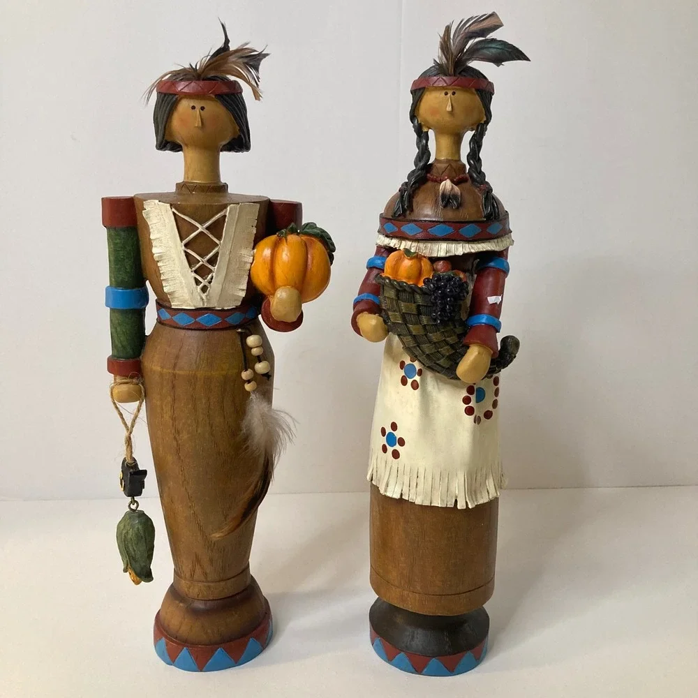 Harvest Thanksgiving Native American Wood‎ Figures Set of 2 Pumpkin Cornucopia